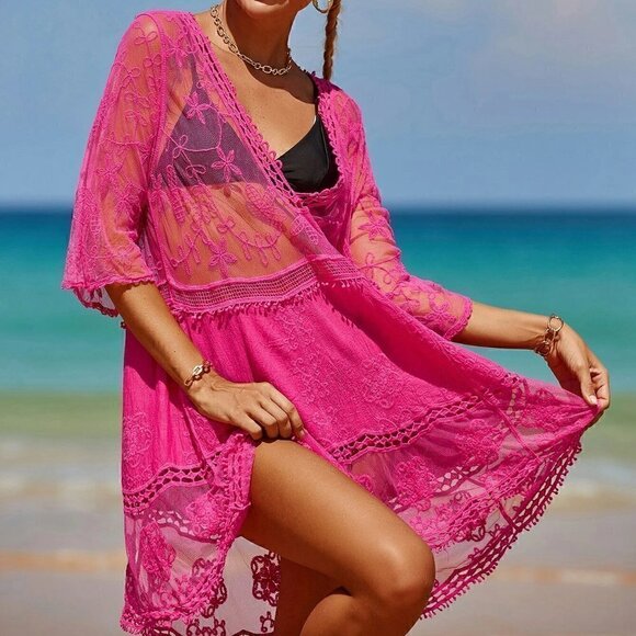 Pink Boho Womens Contrast Lace Plunging Cover Up - Picture 4 of 5